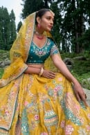 Yellow Heavy Work Lehenga in Viscose with Peacock and Floral Motifs