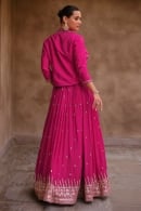 Pink Chinon Silk Sequinned Crop Top Lehenga with Jacket