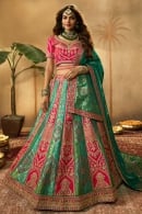 Teal Green and Pink Woven and Embroidered Lehenga in Silk