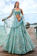 Turquoise Blue Sequins Embroidered Lehenga in Net Fabric