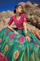 Teal Green and Pink Lehenga in Banarasi Silk with Paisley Motifs