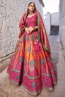 Pink and Yellow Embroidered Butta Lehenga in Banarasi Silk with Handwork