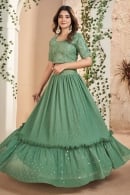 Sea Green Georgette Crush Flared Lehenga with Sequin and Applique Work
