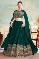Green Georgette Flared Lehenga and Cape Style Blouse with Thread Embroidery