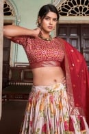 Red Tussar Silk Flared Lehenga with Floral Motifs and Ikkat Print