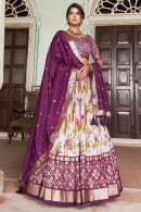 Purple Tussar Silk Floral and Ikkat Printed Flared Lehenga