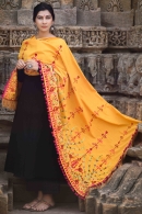Mustard Yellow Cotton Woolen Thread Embroidered Dupatta with Tassels