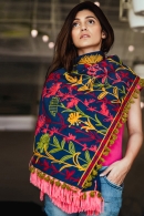 Navy Blue Cotton Embroidered Dupatta with Fringes Border