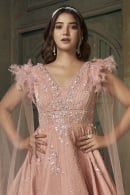 Peach Organza Silk Net Sequins Cutdana Work Gown with Feathered Cape Sleeve