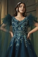 Prussian Blue Organza Silk Net Designer Gown with Frill Cape Sleeve