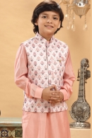 Light Pink Silk Kurta Pajama with Floral Printed Jacket