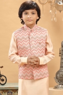 Peach Silk Kurta Pajama with Printed Jacket