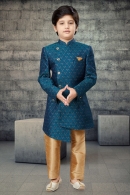 Rama Blue Jacquard Embroidered Asymmetrical Indo Western Set