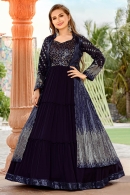 Navy Blue Georgette Mirror Worked Gown with Sequinned Jacket
