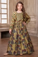 Olive Green Floral Print Crop Top and Skirt with Mirror Embroidery Bodice