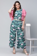 Green Crepe Printed Jumpsuit with Bell Sleeves