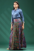 Plain Shirt Style Top and Printed Skirt in Satin