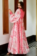 Pink and Off White Cotton Silk Anarkali Printed Kurti with Balloon Sleeves