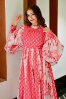 Pink and Off White Cotton Silk Anarkali Printed Kurti with Balloon Sleeves