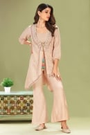 Peach Crop Top and Pant Set with Jacket in Cotton with Jacket