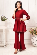 Red High Neck Kurti with Pant Set in Cotton