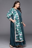 Teal Green Polyester Long Kurti with Floral Print
