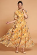 Yellow Georgette Floral Printed Flared Kurti