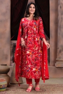 Red Rayon Printed Straight Cut Kurti with Mirror Embroidery Work