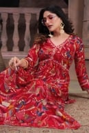 Red Rayon Printed Straight Cut Kurti with Mirror Embroidery Work
