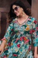 Teal Green Rayon Floral Printed Straight Cut Kurti with Mirror Embroidery