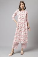 Off White Cotton Paisley Printed Straight Cut Kurti Set with Applique Work