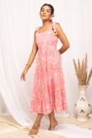 Peach Cotton Printed Flared Tie-Up Shoulder Strap Dress