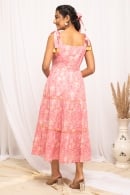 Peach Cotton Printed Flared Tie-Up Shoulder Strap Dress
