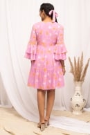 Pink Georgette Printed Layered Bell Sleeved Dress with Applique Work on Neckline