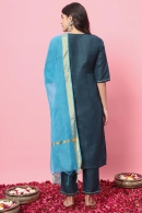 Rama Blue Cotton Embroidered Straight Cut Kurti Pant Set