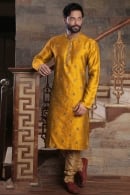 Mustard Art Silk Kurta Pajama with Embroidered Paisley Motif