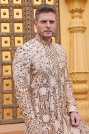 Beige Raw Silk All Over Embroidered Sherwani