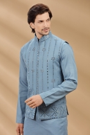 Light Blue Silk Kurta Pajama with Mirror Worked Jacket