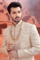 Off White Jacket Style Sherwani in Silk with Embroidery and Stone Work