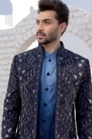 Blue Shaded Kurta Pajama with Jacket in Silk