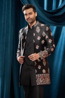 Cavior Black Satin Indo Western Set with Intricate Embroidery