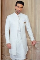 Pearl White Silk Embroidered Jacket Kurta Set