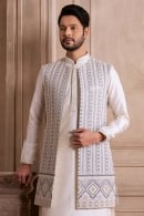Off White Silk Lucknowi Worked Jacket Kurta Set
