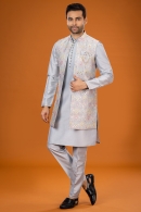 Grey Silk Kurta Pajama with Applique Work Jacket