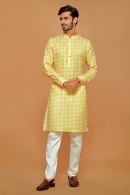 Yellow Linen Cotton Checks Printed Kurta Pajama
