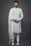 Pearl White Silk Dori Embroidered Sequins Work Sherwani