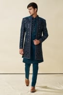 Prussian Blue Silk Embroidered Jacket Indo Western Set