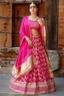 Peony Pink Pleated Woven Flared Lehenga in Silk with Embroidery and Sequins Work