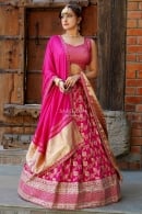 Peony Pink Pleated Woven Flared Lehenga in Silk with Embroidery and Sequins Work