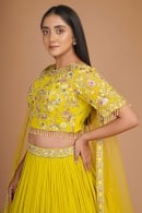 Yellow Flared Floral Embroidery Lehenga in Georgette with Embellished Blouse